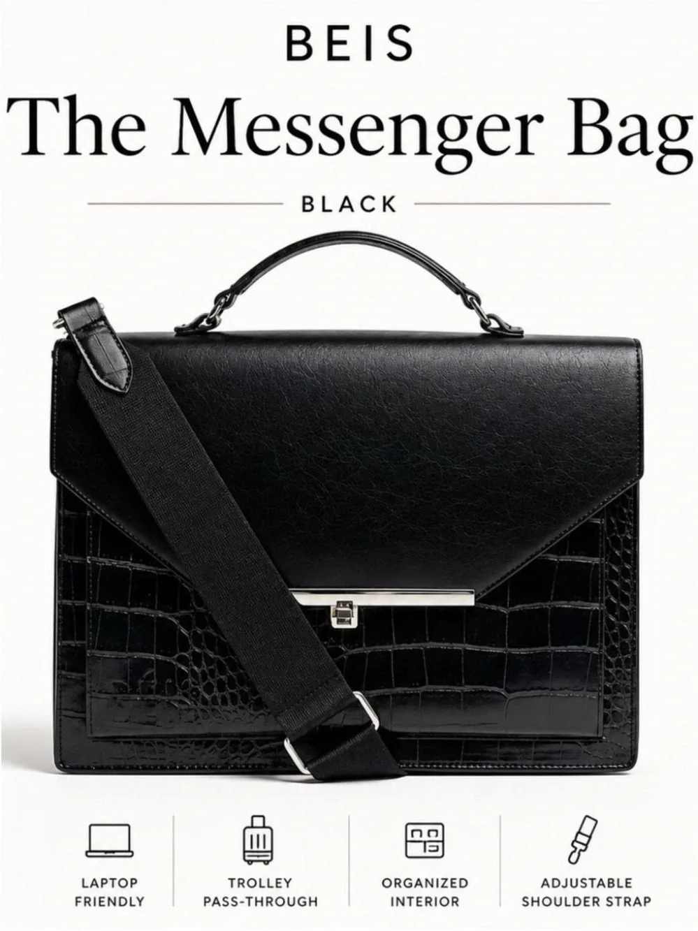 BEIS The Messenger Bag in Black Croc Embossed